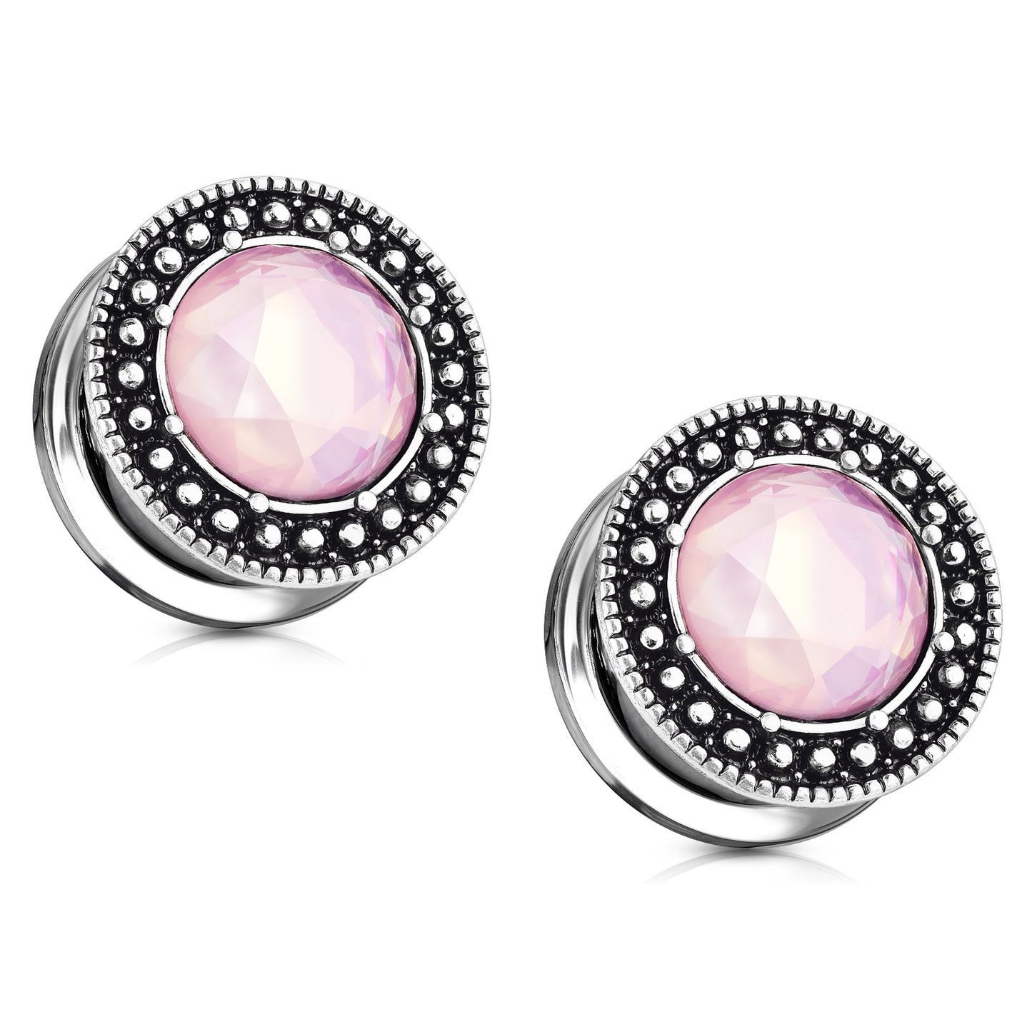 Pink Crystal Shield Front Design Screw Fit Plugs - Antique Silver Plated 316L Stainless Steel - Pair