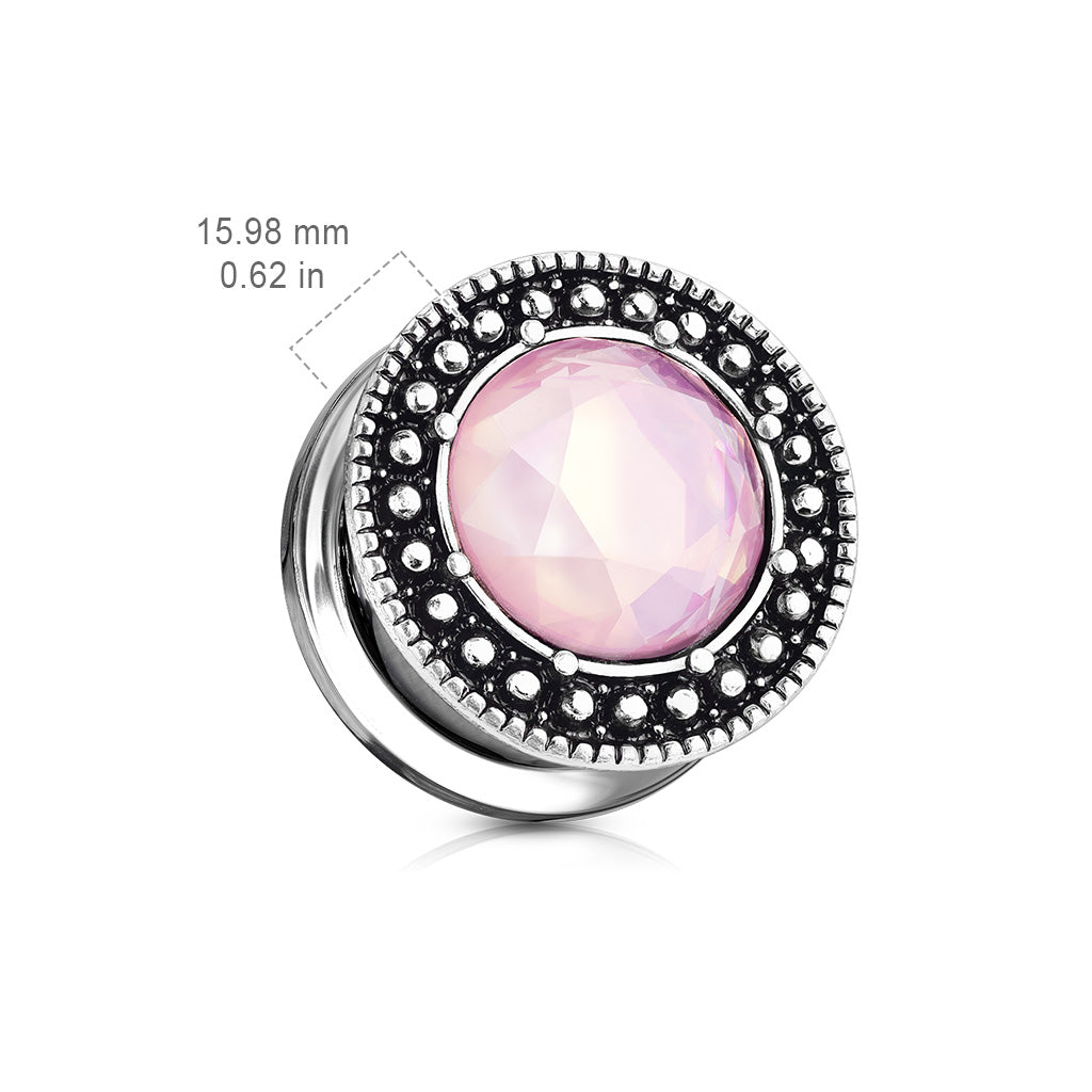 Pink Crystal Shield Front Design Screw Fit Plugs - Antique Silver Plated 316L Stainless Steel - Pair