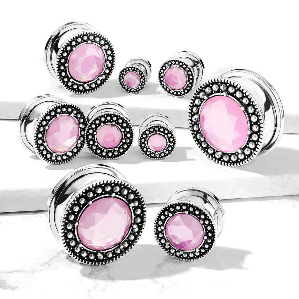 Pink Crystal Shield Front Design Screw Fit Plugs - Antique Silver Plated 316L Stainless Steel - Pair