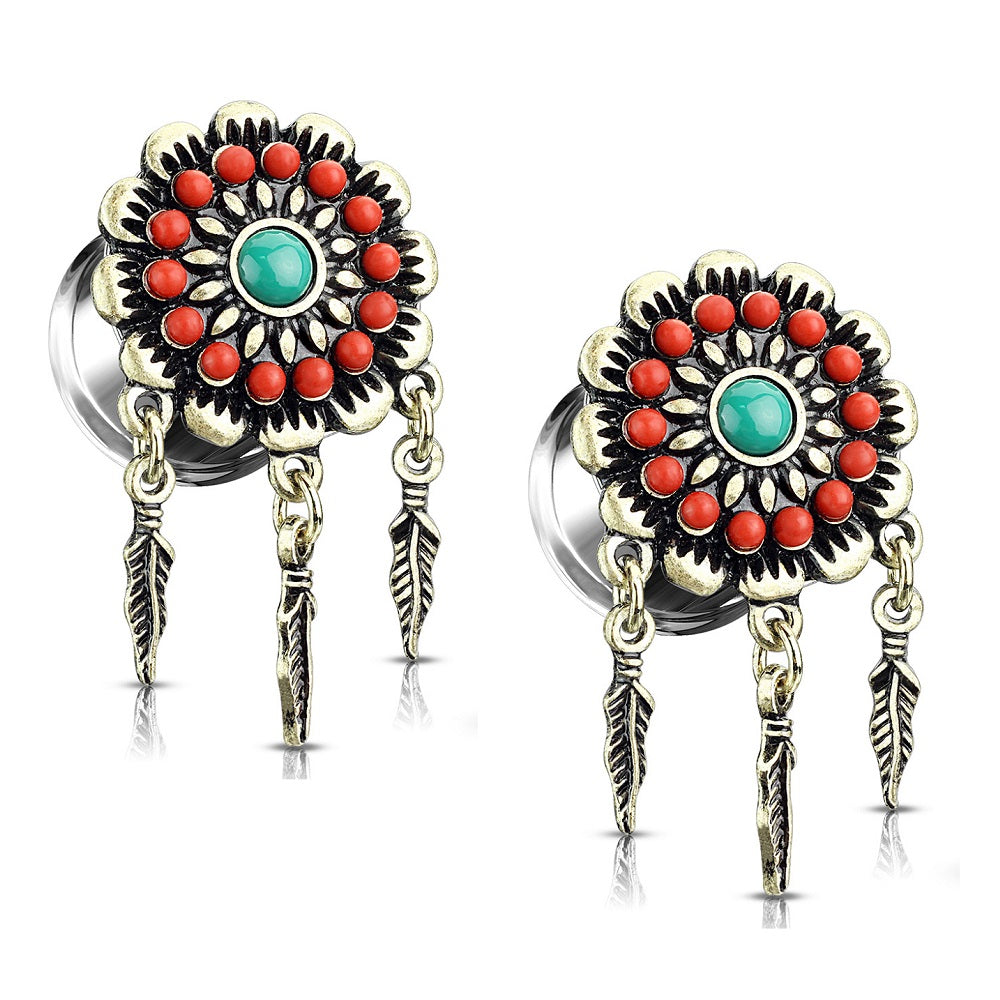 Antique Gold Plated Stainless Steel Beaded Tribal Flower with Dangling Feathers Double Flared Plugs - Pair
