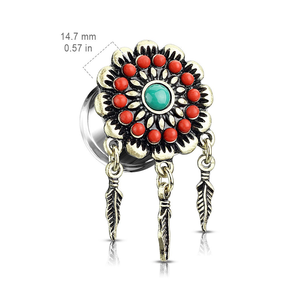 Antique Gold Plated Stainless Steel Beaded Tribal Flower with Dangling Feathers Double Flared Plugs - Pair