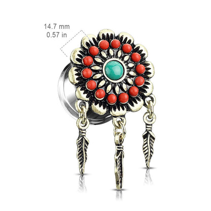 Antique Gold Plated Stainless Steel Beaded Tribal Flower with Dangling Feathers Double Flared Plugs - Pair