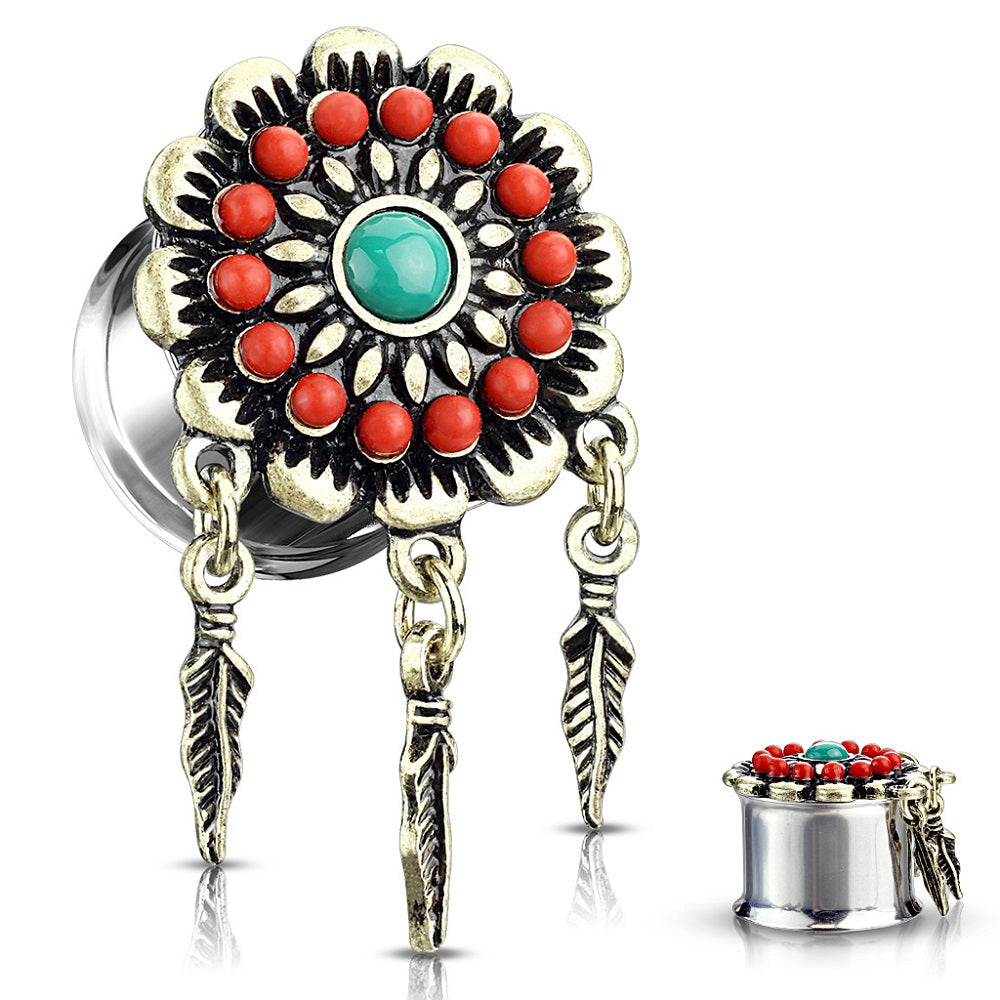 Antique Gold Plated Stainless Steel Beaded Tribal Flower with Dangling Feathers Double Flared Plugs - Pair