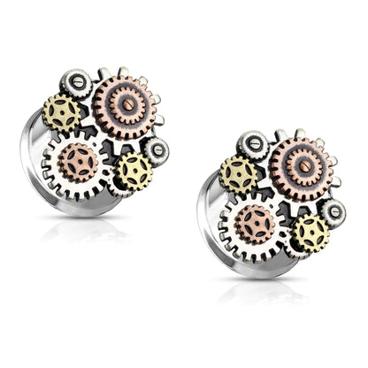 Steampunk Gears Front-Facing Double Flared Plugs - Pair - 316L Stainless Steel