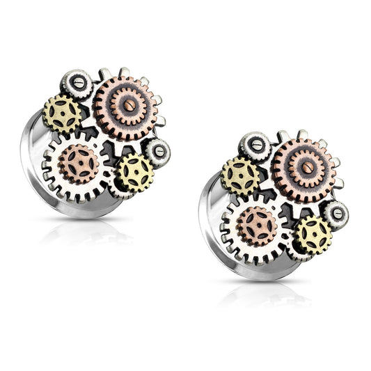 Steampunk Gears Front-Facing Double Flared Plugs - Pair - 316L Stainless Steel