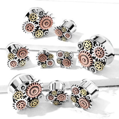 Steampunk Gears Front-Facing Double Flared Plugs - Pair - 316L Stainless Steel