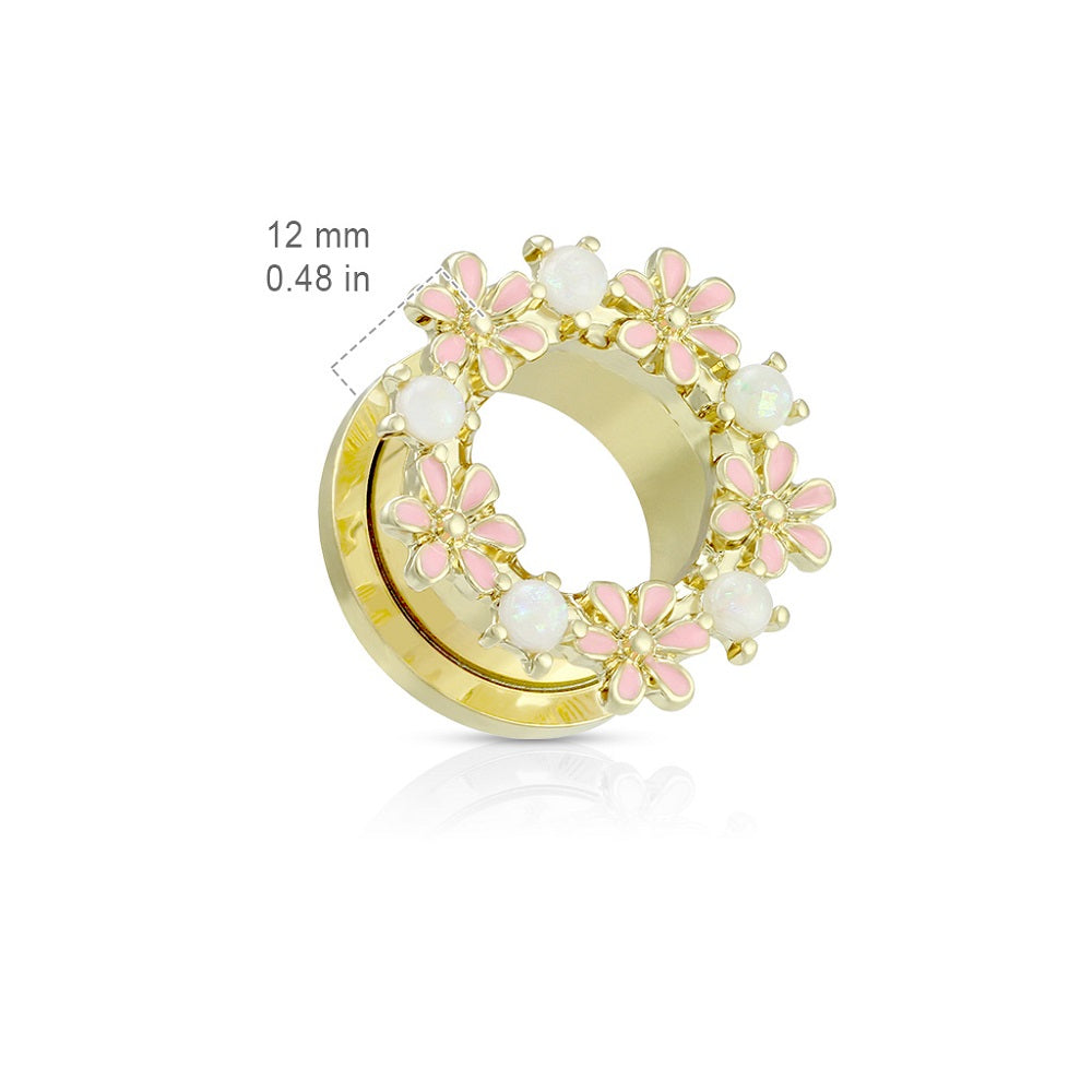 Gold Synthetic Opal and Pink Enamel Flowers Screw Fit Tunnels - PVD Plated Stainless Steel - Pair