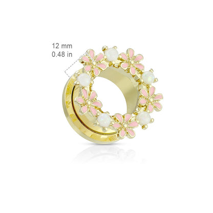 Gold Synthetic Opal and Pink Enamel Flowers Screw Fit Tunnels - PVD Plated Stainless Steel - Pair