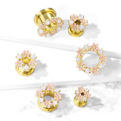 Gold Synthetic Opal and Pink Enamel Flowers Screw Fit Tunnels - PVD Plated Stainless Steel - Pair