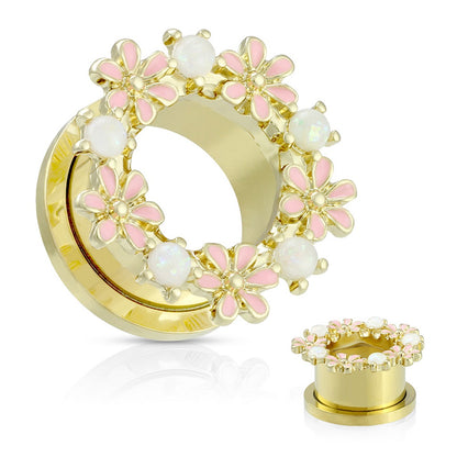 Gold Synthetic Opal and Pink Enamel Flowers Screw Fit Tunnels - PVD Plated Stainless Steel - Pair