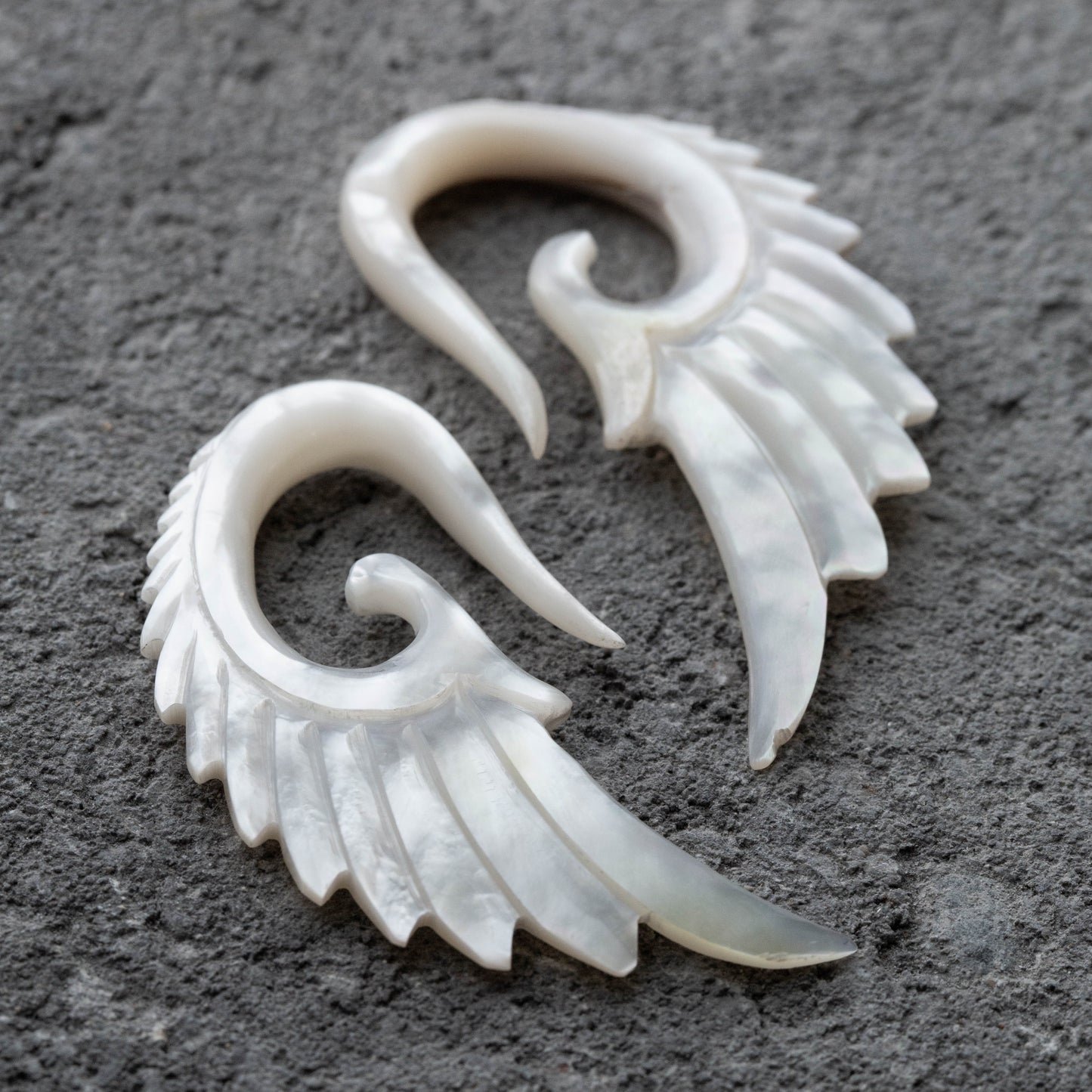 Hand Carved Mother of Pearl Angelic Wing Hanging Taper Plugs - Pair