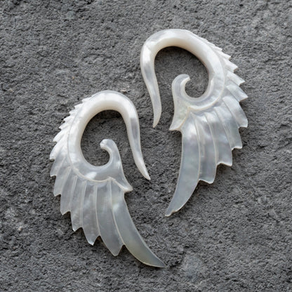 Hand Carved Mother of Pearl Angelic Wing Hanging Taper Plugs - Pair