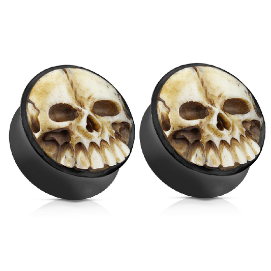 3D Skull Hand Carved Organic Buffalo Horn Double Flared Plugs