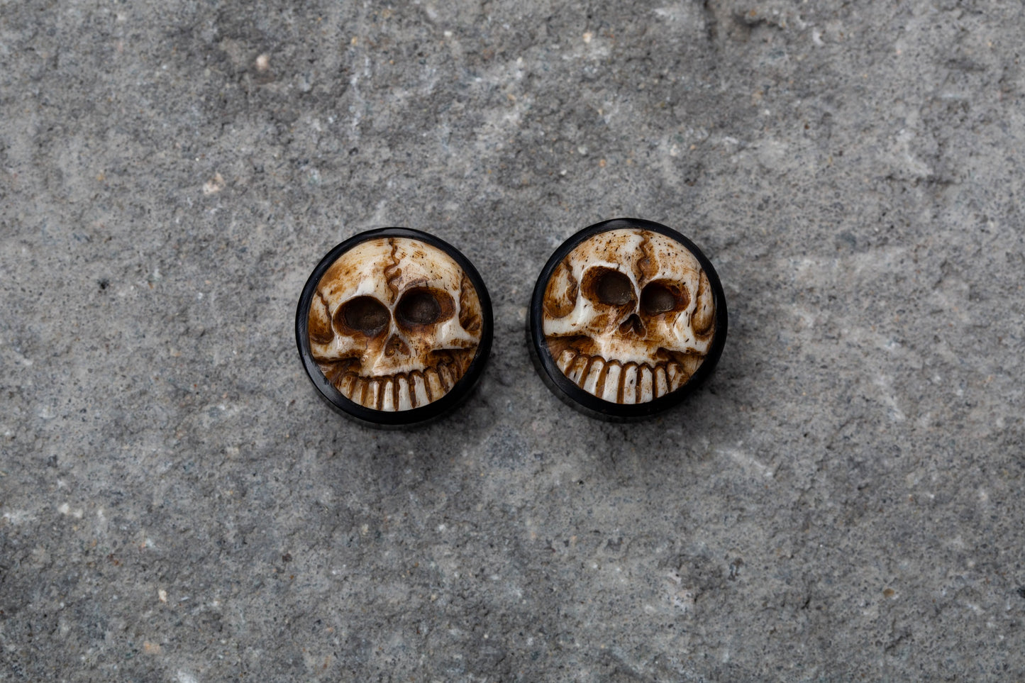 3D Skull Hand Carved Organic Buffalo Horn Double Flared Plugs