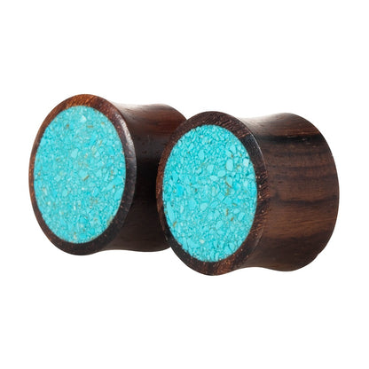 Synthetic Crushed Turquoise Inlay Organic Wood Saddle Fit Plugs Ear Gauges