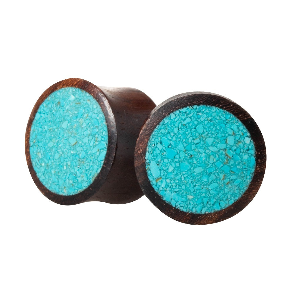 Synthetic Crushed Turquoise Inlay Organic Wood Saddle Fit Plugs Ear Gauges