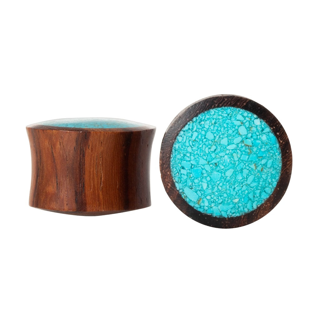 Synthetic Crushed Turquoise Inlay Organic Wood Saddle Fit Plugs Ear Gauges