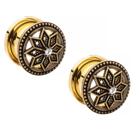 Gold PVD Plated Antiqued Finish Pointed Petal Flower with Clear CZ Crystals Screw Fit Plugs - Stainless Steel - Pair