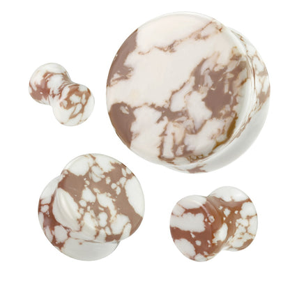 White and Brown Synthetic Stone Double Flared Plugs - Pair