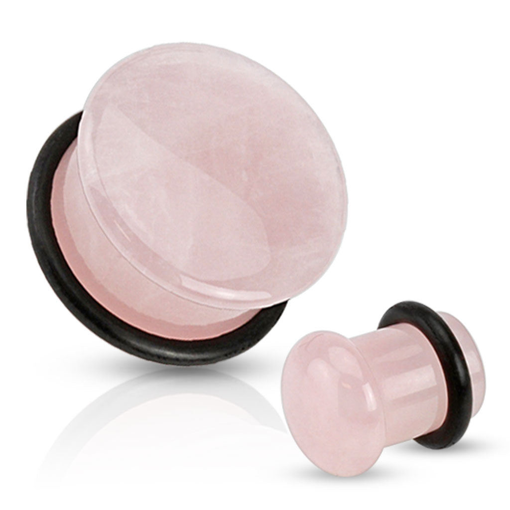 Rose Quartz Natural Stone Domed Single Flared Plugs with Black O Ring
