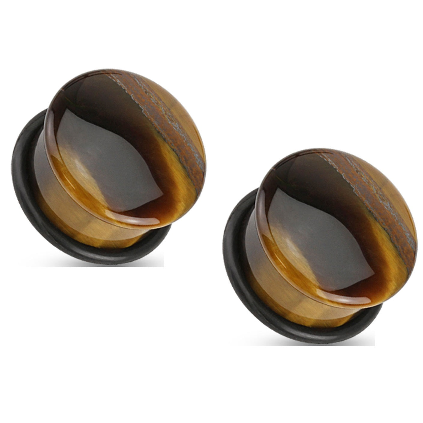 Semi Precious Tiger Eye Domed Single Flare Plugs with O-Ring