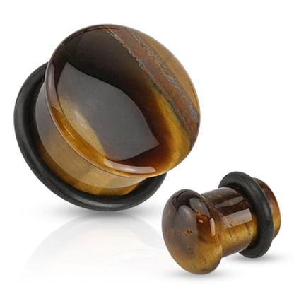 Semi Precious Tiger Eye Domed Single Flare Plugs with O-Ring