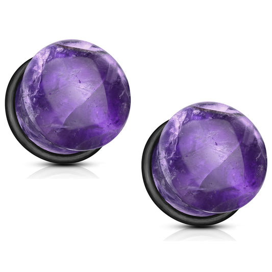 Natural Amethyst Semi-Precious Stone Domed Single Flare Plugs with Black O Ring