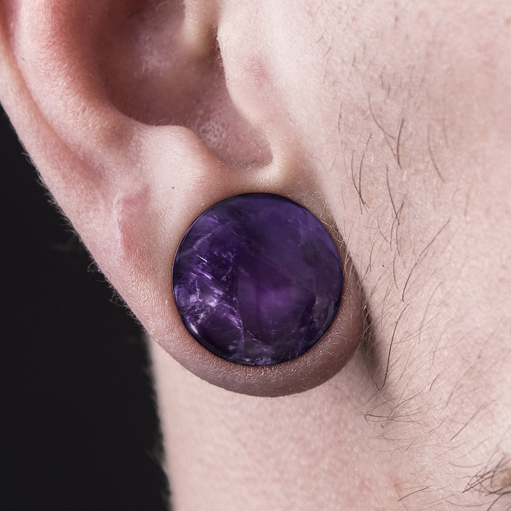 Natural Amethyst Semi-Precious Stone Domed Single Flare Plugs with Black O Ring