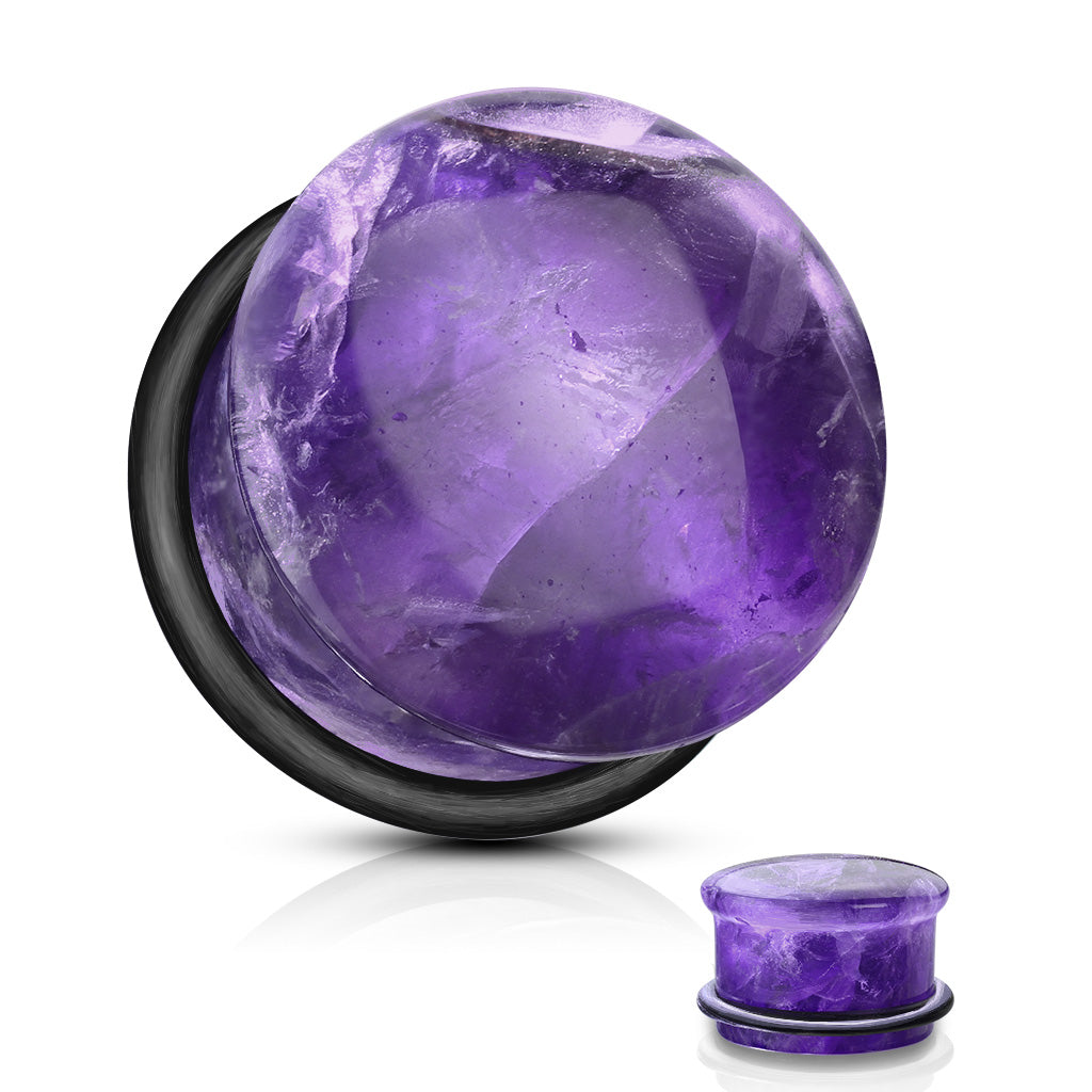 Natural Amethyst Semi-Precious Stone Domed Single Flare Plugs with Black O Ring