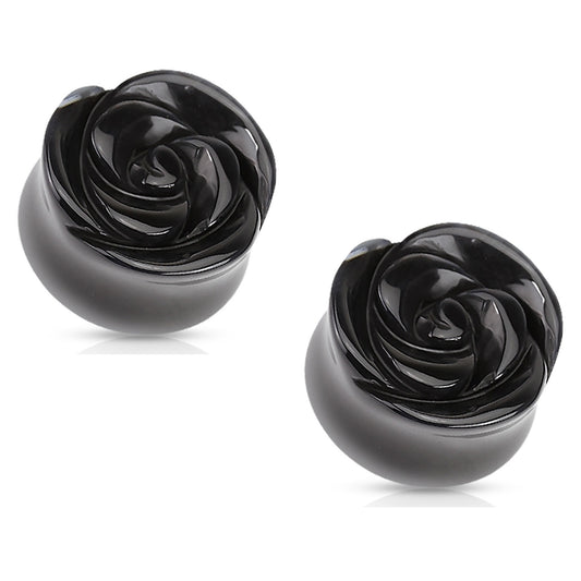 Black Rose Carved into Black Agate Semi Precious Double Flared Plugs