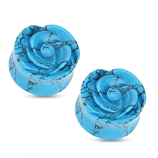 Blue Rose Carved into Turquoise Single Side Double Flared Plugs - Pair