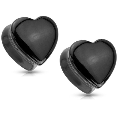 Natural Black Onyx Heart Shaped Saddle Plug Gauges
 - Pair