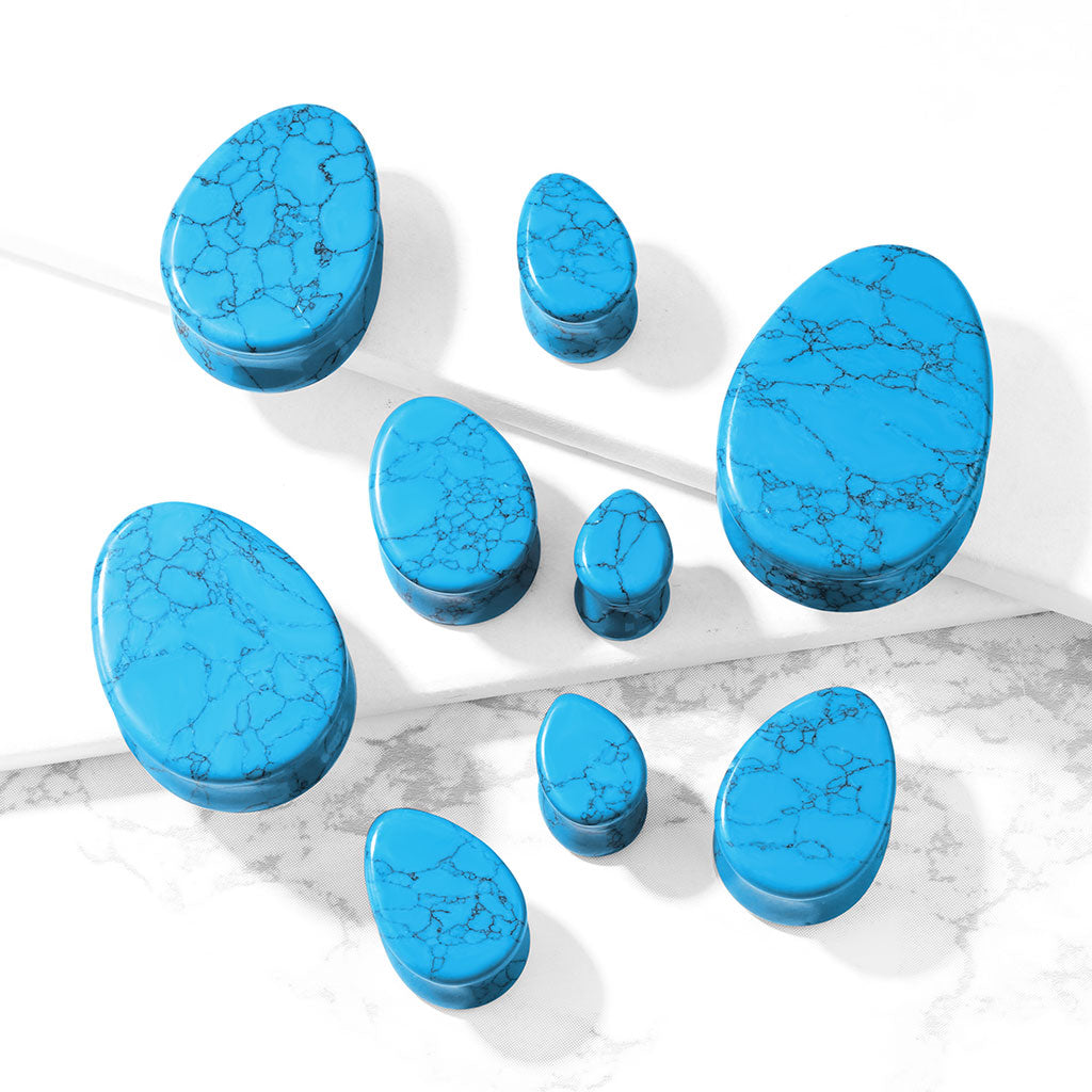 Turquoise Stone Double Flared Tear Drop Plugs - Pair