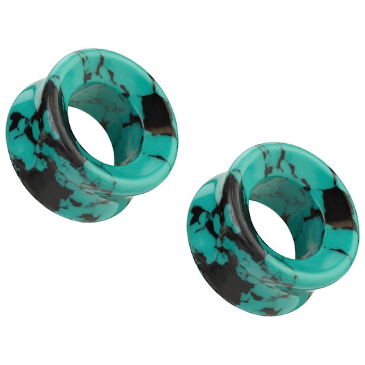 Teal and Black Turquoise Synthetic Stone Double Flared Tunnels - Pair