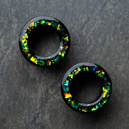 Green Opal Glitter Rim Black Screw Fit Tunnels - Stainless Steel - Pair