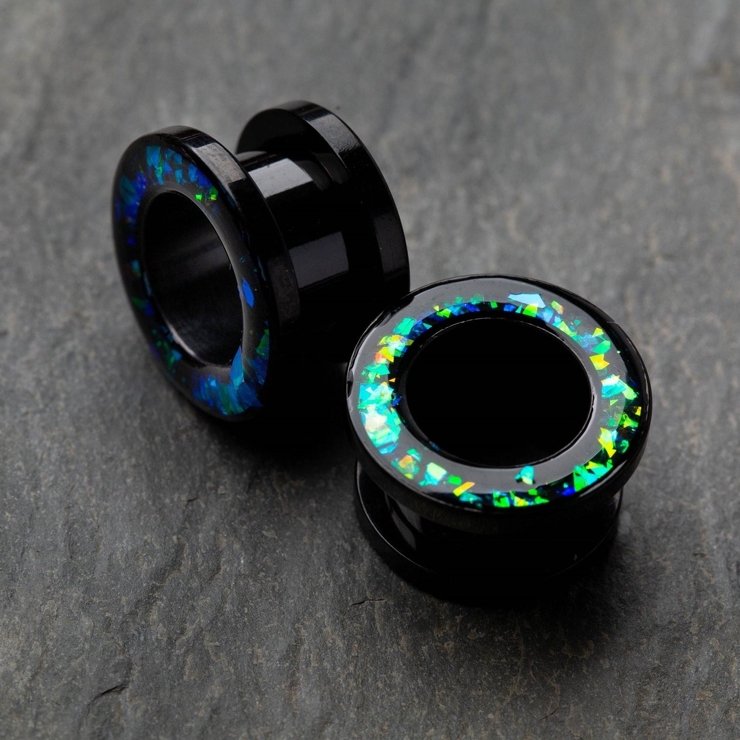 Green Opal Glitter Rim Black Screw Fit Tunnels - Stainless Steel - Pair