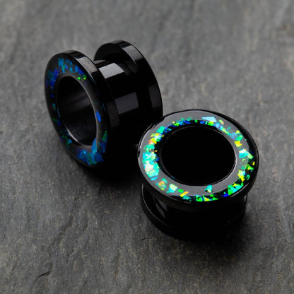 Green Opal Glitter Rim Black Screw Fit Tunnels - Stainless Steel - Pair