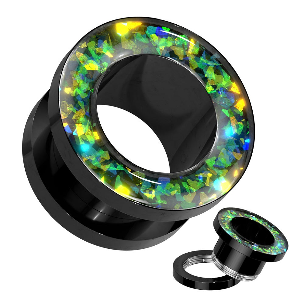 Green Opal Glitter Rim Black Screw Fit Tunnels - Stainless Steel - Pair