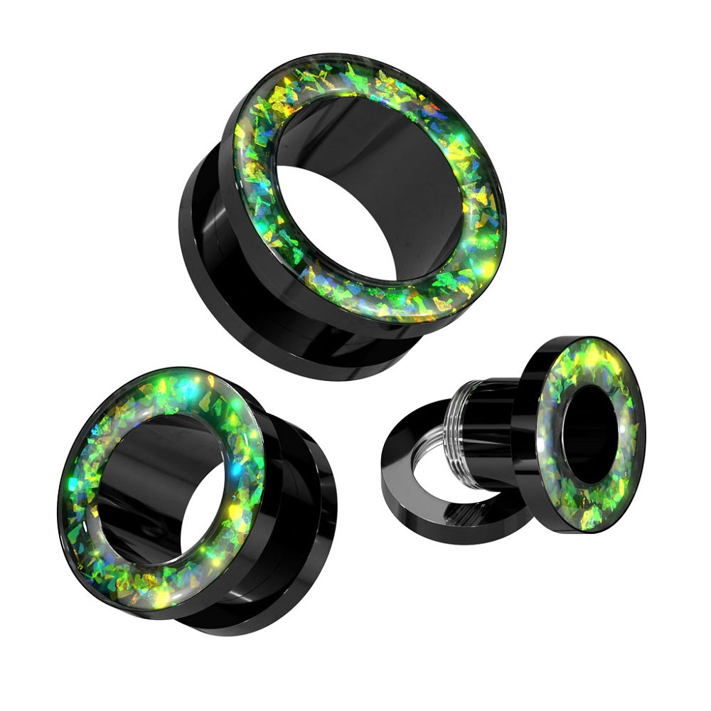 Green Opal Glitter Rim Black Screw Fit Tunnels - Stainless Steel - Pair