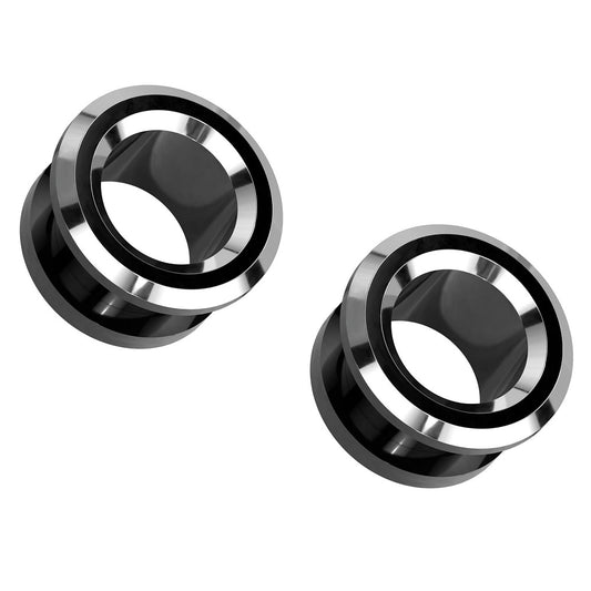 Black and Silver Tone Rim Screw Fit Tunnels - 316L Stainless Steel