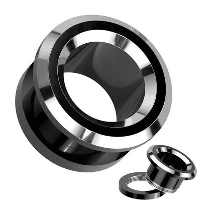 Black and Silver Tone Rim Screw Fit Tunnels - 316L Stainless Steel