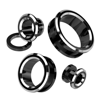 Black and Silver Tone Rim Screw Fit Tunnels - 316L Stainless Steel