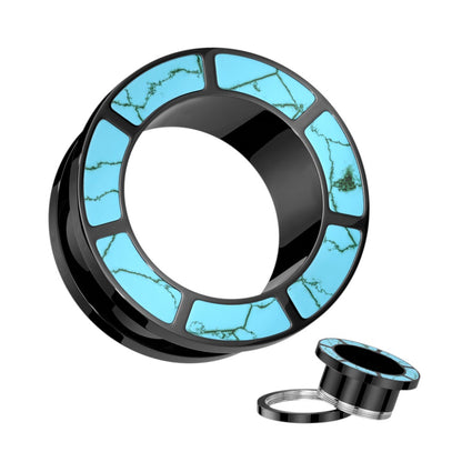 Turquoise Rimmed Screw Fit Tunnels - Stainless Steel - Pair