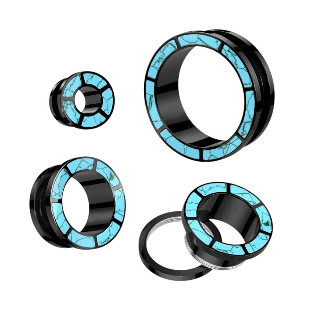 Turquoise Rimmed Screw Fit Tunnels - Stainless Steel - Pair