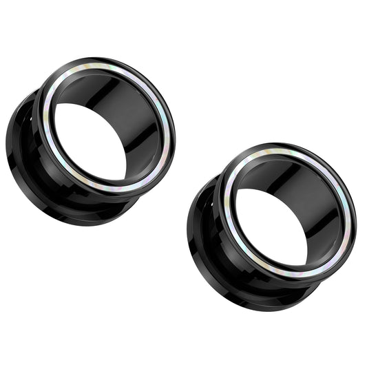 Black PVD Mother of Pearl Rimmed Screw Fit Tunnels - 316L Stainless Steel - Pair