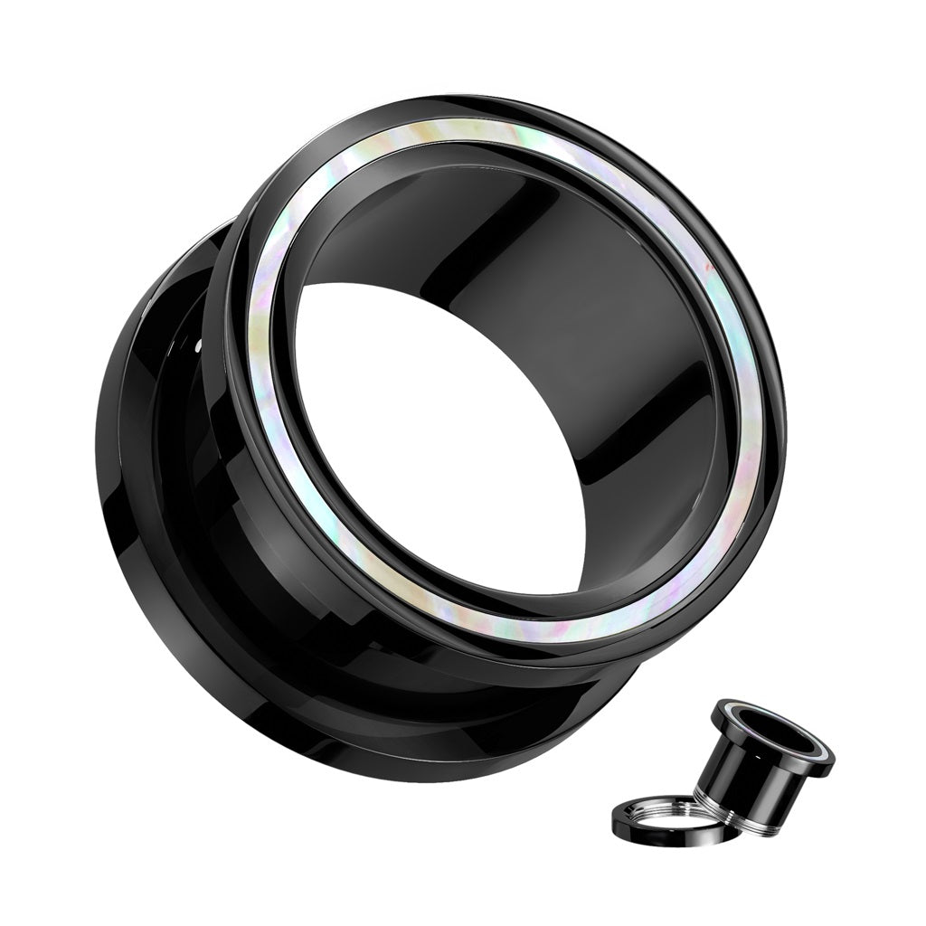 Black PVD Mother of Pearl Rimmed Screw Fit Tunnels - 316L Stainless Steel - Pair