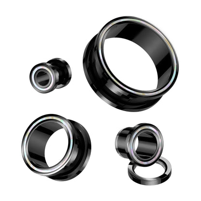 Black PVD Mother of Pearl Rimmed Screw Fit Tunnels - 316L Stainless Steel - Pair