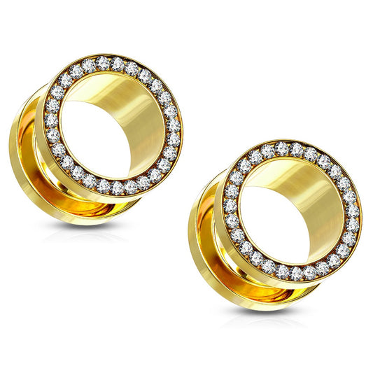 CZ Crystal Lined Rim Screw Fit Tunnels - Stainless Steel - Pair