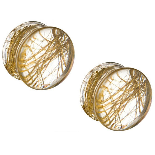 Clear Acrylic Double Flared Saddle Plugs with Golden Lines - Pair