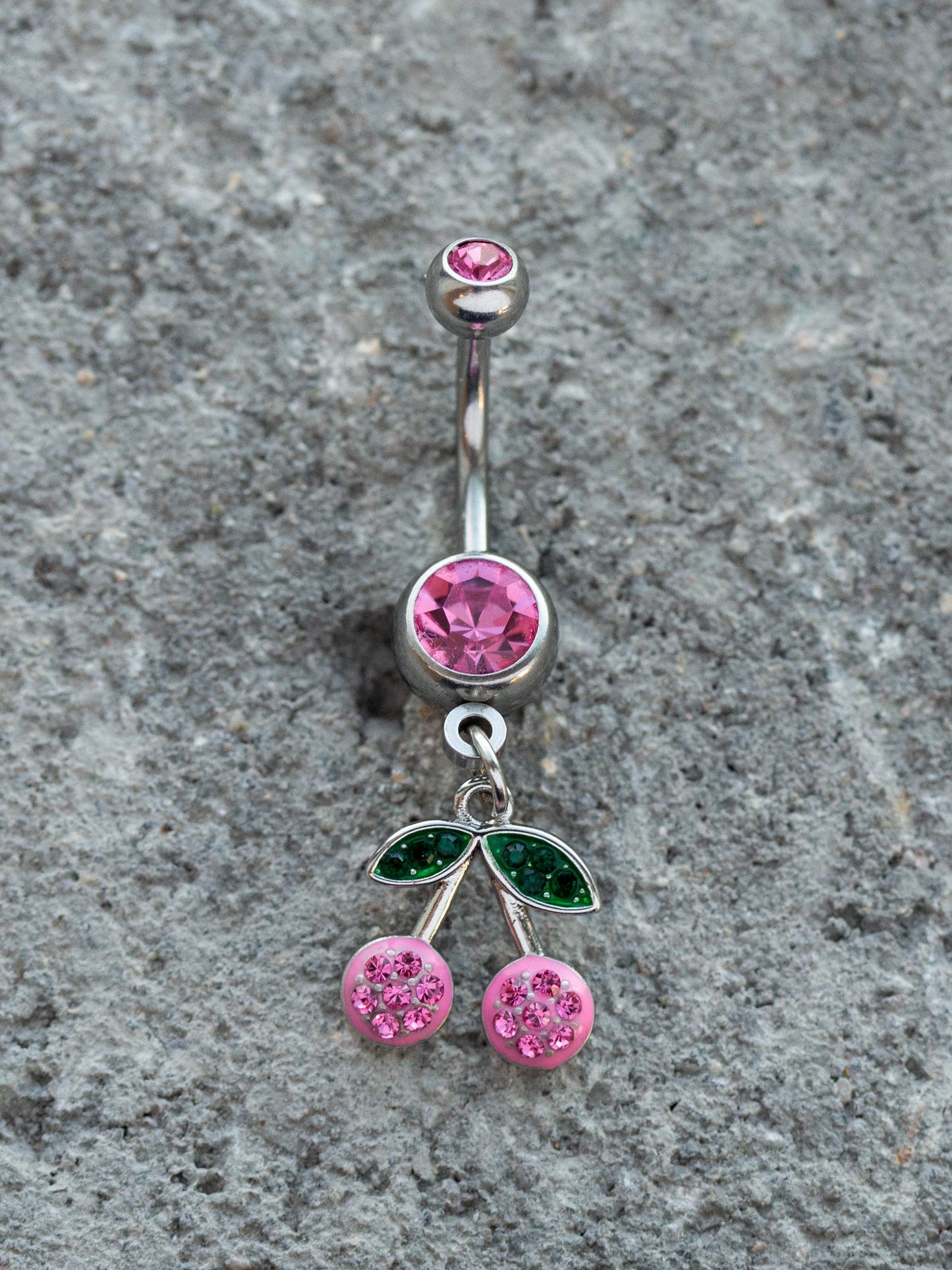 CZ Crystal Pink Cherry Dangling Belly Button Ring - 316L Stainless Steel